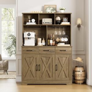 Discover the HOSTACK Buffet Cabinet with Hutch, featuring 3 drawers and a barn door coffee bar station. Ideal for modern farmhouse kitchens, this rustic brown storage cabinet offers ample space for dining essentials.