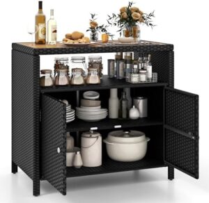 Discover the HAPPYGRILL Rattan Storage Cabinet, a stylish patio sideboard with acacia wood countertop and open shelf storage. Organize your garden tools in style, perfect for any outdoor space!