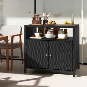 Discover the HAPPYGRILL Rattan Storage Cabinet, a stylish patio sideboard with acacia wood countertop and open shelf storage. Organize your garden tools in style, perfect for any outdoor space!