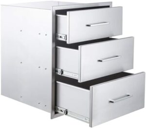 Here is the generated SEO meta description:

"Upgrade your outdoor kitchen with these stainless steel drawers featuring flush mount access and three spacious compartments. Perfect for storage and organization."