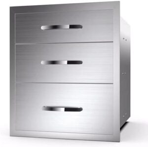 Discover the ultimate outdoor kitchen drawers with stainless steel inserts for a built-in patio grill station. Triple drawer design, perfect for BBQ enthusiasts and outdoor entertaining.