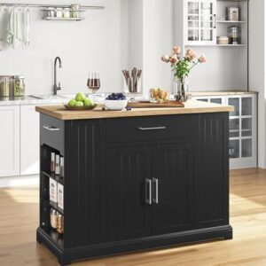 Discover the Yaheetech Kitchen Island on Hidden Wheels, featuring a thick rubberwood top, adjustable shelves, and three spacious drawers. Perfect for your dining room or kitchen, dimensions 46"L x 22"W.