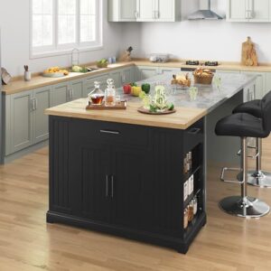 Discover the Yaheetech Kitchen Island on Hidden Wheels, featuring a thick rubberwood top, adjustable shelves, and three spacious drawers. Perfect for your dining room or kitchen, dimensions 46"L x 22"W.