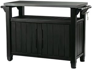 "Upgrade your outdoor cooking experience with the Keter Unity XL portable table featuring a stainless steel top and storage cabinet for grilling accessories, perfect for kitchen prep and storage needs."