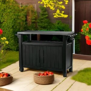 "Upgrade your outdoor cooking experience with the Keter Unity XL portable table featuring a stainless steel top and storage cabinet for grilling accessories, perfect for kitchen prep and storage needs."