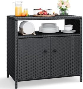 Discover the ultimate patio storage solution with YITAHOME's wicker bar table cabinet featuring 2 doors and shelves for storing pool, garden, and outdoor essentials.