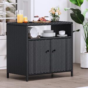 Discover the ultimate patio storage solution with YITAHOME's wicker bar table cabinet featuring 2 doors and shelves for storing pool, garden, and outdoor essentials.