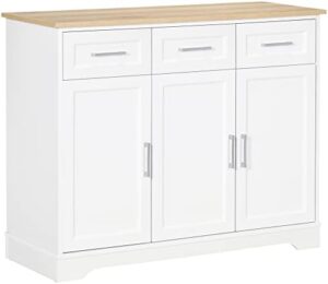 Here is the optimized meta description:

"Store and serve in style with HOMCOM's 3-drawer sideboard buffet cabinet featuring adjustable shelves and a modern white design perfect for kitchen, living room or dining area use."