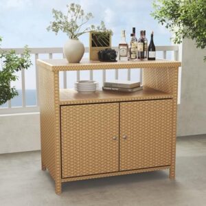 Here is the optimized SEO meta description:

"Add style to your outdoor space with this Grand patio wicker storage cabinet, featuring two doors and shelves. Waterproof and perfect for garden, kitchen, or poolside use."