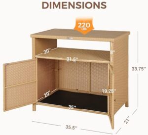 Here is the optimized SEO meta description:

"Add style to your outdoor space with this Grand patio wicker storage cabinet, featuring two doors and shelves. Waterproof and perfect for garden, kitchen, or poolside use."
