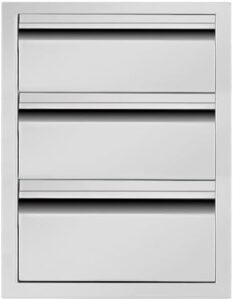 Explore the convenience of outdoor cooking with these stainless steel kitchen drawers, featuring flush-mount access and 3 spacious compartments, perfect for outdoor kitchen islands.