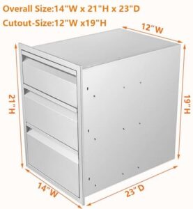 Explore the convenience of outdoor cooking with these stainless steel kitchen drawers, featuring flush-mount access and 3 spacious compartments, perfect for outdoor kitchen islands.