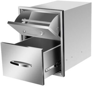 Discover durable stainless steel outdoor kitchen drawers with BBQ drawer inserts for your patio grill station. Perfectly sized at 16"W x 20"H x 20"D, these cabinets bring functionality and style to your outdoor cooking space.