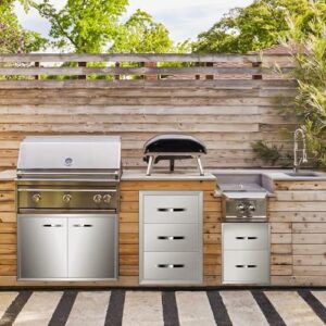 Discover durable stainless steel outdoor kitchen drawers with BBQ drawer inserts for your patio grill station. Perfectly sized at 16"W x 20"H x 20"D, these cabinets bring functionality and style to your outdoor cooking space.