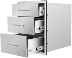 Discover the ultimate outdoor kitchen island drawer! This triple BBQ drawer features stainless steel construction, perfect for storing utensils and ingredients. 18" wide and 23" tall, it's designed to fit seamlessly with your patio grill station.