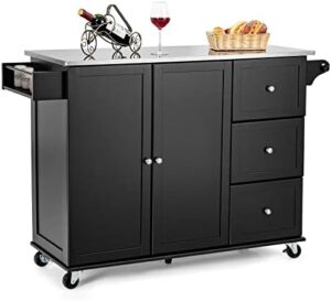 Discover the Giantex Kitchen Island with Stainless Steel Countertop, featuring adjustable shelves, 3 drawers, and a toweling holder. Perfect for meal prep and entertaining.