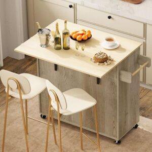 Discover the IRONCK Kitchen Island Cart with Solid Wood Top and Drop Leaf. Features 47"W mobile storage cabinet, spice rack, towel rack, drawer, and wheels for easy portability. Perfect for small kitchens or apartments.