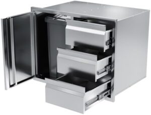 Here is the meta description:

"Organize your outdoor kitchen with this stainless steel drawer combo featuring two separate drawers for trash and BBQ grill storage, perfect for a 28"W x 19.6"D x 20.1"H setup."