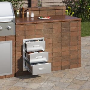 Elevate your outdoor kitchen with VEVOR's flush mount triple access drawers featuring stainless steel handles and 16" x 21.5" x 18" dimensions, perfect for BBQ island patio grill stations or outdoor kitchens.