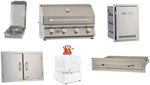 Here is the optimized SEO meta description:

"Experience backyard BBQ perfection with the AMS BULL grill featuring a single side burner, double doors, and drawers for storage. Enjoy free bio-ethanol fire pit included."