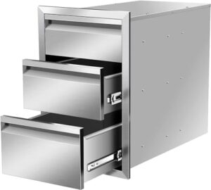 Elevate your outdoor kitchen with these stainless steel triple drawers, perfect for grill stations and island installations. Store utensils, sauces, and more in style, measuring 14x21x23 inches.