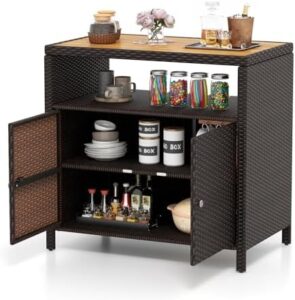 Here is the optimized SEO meta description:

"Organize your outdoor space with Tangkula's Rattan Storage Cabinet, featuring 2 doors and an acacia wood countertop. Perfect for poolside or backyard use."