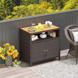 Here is the optimized SEO meta description:

"Organize your outdoor space with Tangkula's Rattan Storage Cabinet, featuring 2 doors and an acacia wood countertop. Perfect for poolside or backyard use."