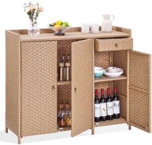 Here is the meta description:

Discover a versatile outdoor storage cabinet with weather-proof rattan design, 2 doors, adjustable shelves & foldable drawer perfect for patio, garden or kitchen use.