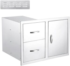 "Upgrade your outdoor entertaining space with this Stainless Steel Drawer Combo, featuring a multi-layer design, paper towel rack, and flush mount double drawers. Perfect for BBQ island & patio grill stations."