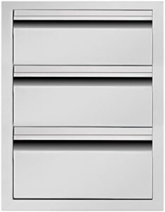 Elevate your outdoor kitchen with this stainless steel BBQ drawer, featuring triple compartments and a flush mount design. Perfect for island storage, dimensions: 14"W x 21"H x 23"D.