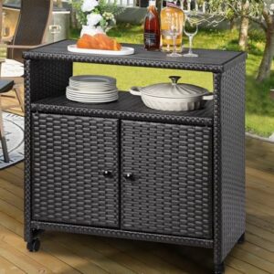 Here is the meta description:

"Upgrade your outdoor living space with this weather-resistant storage cabinet featuring 2 doors, shelf and wheels. Perfect for poolside, garden or kitchen use."