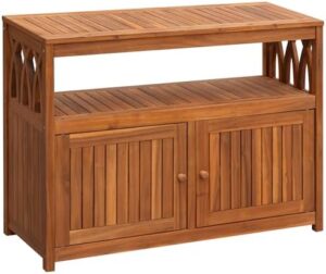 Discover the Flamaker Acacia Wood Cabinet with 2 magnetic doors, perfect for outdoor storage or indoor use. Weatherproof and versatile, this cabinet is ideal for a buffet, TV stand, bar, or potting table.