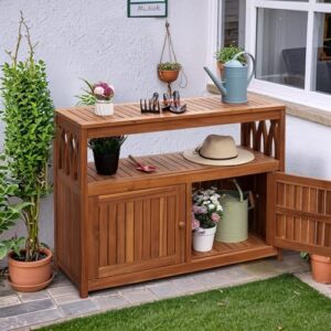 Discover the Flamaker Acacia Wood Cabinet with 2 magnetic doors, perfect for outdoor storage or indoor use. Weatherproof and versatile, this cabinet is ideal for a buffet, TV stand, bar, or potting table.