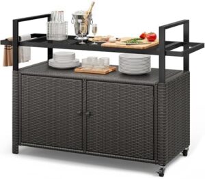 Discover the YITAHOME XL outdoor storage cabinet with wheels and black glass table top, perfect for poolside or backyard use. Store and organize your patio essentials in style!