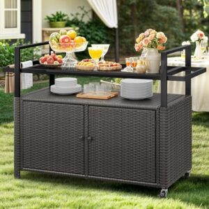 Discover the YITAHOME XL outdoor storage cabinet with wheels and black glass table top, perfect for poolside or backyard use. Store and organize your patio essentials in style!