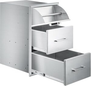 Here is the optimized meta description:

"Upgrade your outdoor kitchen with this stainless steel double drawer combo featuring a paper towel holder, perfect for grilling and prep zones, dimensions 17W30H21D inches."