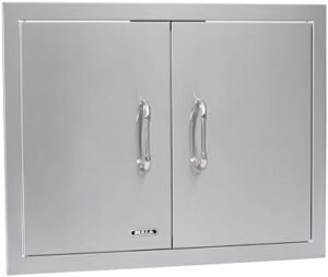 Upgrade your outdoor kitchen with the Bull Premium Components 25" stainless steel double door, revealing ample storage space and sleek design. Perfect for BBQ island enthusiasts.