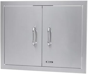 Upgrade your outdoor kitchen with the Bull Premium Components 25" stainless steel double door, revealing ample storage space and sleek design. Perfect for BBQ island enthusiasts.