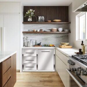 Here is the optimized SEO meta description:

"Discover the ultimate outdoor kitchen combo featuring a 28"" wide triple drawer with stainless steel handles. Perfect for BBQ island, grilling station, and more. Save big on this must-have accessory!"