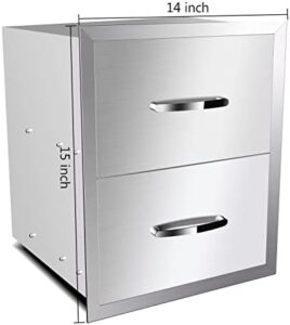 Upgrade your outdoor kitchen with stainless steel drawers featuring flush mounts and handles, perfect for BBQ islands or patio grill stations, measuring 14"W x 15"H x 23"D. Enjoy hassle-free storage and organization!