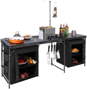 Explore the outdoors with REDCAMP's Portable Camping Kitchen Table. This 6ft tri-fold table features storage and a telescoping light stand for convenient BBQ, party, or picnic gatherings. Perfect for camping trips!