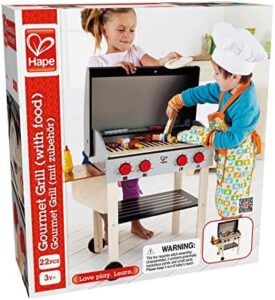 "Develop your little chef's skills with Hape's Wooden Gourmet Grill and Shish Kabob playset, featuring realistic play food and utensils. Perfect for imaginative play and learning!"