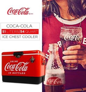 Stay cool and refresh your outdoor adventures with the Coca-Cola Ice Chest Cooler, a vintage-style, insulated cooler for camping, beach trips, or BBQs. Holds 85 cans and features a built-in bottle opener.