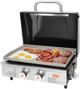 Unlock the perfect outdoor cooking experience with Hisencn's Portable Flat Top Grill Propane Gas Grill featuring 369 sq. in. griddle and 24000 BTUs, ideal for camping, tailgating, or kitchen use - 22 Inch with hood, includes carry bag.