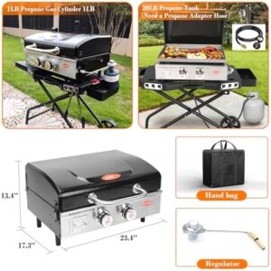 Unlock the perfect outdoor cooking experience with Hisencn's Portable Flat Top Grill Propane Gas Grill featuring 369 sq. in. griddle and 24000 BTUs, ideal for camping, tailgating, or kitchen use - 22 Inch with hood, includes carry bag.