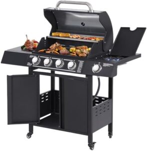 "Upgrade your outdoor cooking experience with this Four-burner Propane Gas Grill featuring stainless steel double roast area and side burner. Perfect for BBQ enthusiasts, it also includes lockable universal wheels for easy transport."