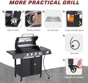 "Upgrade your outdoor cooking experience with this Four-burner Propane Gas Grill featuring stainless steel double roast area and side burner. Perfect for BBQ enthusiasts, it also includes lockable universal wheels for easy transport."