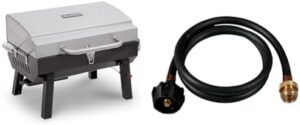 Savor sizzling outdoor flavors with the Char-Broil 200 Sq In Stainless Steel Portable Propane Gas Grill Bundle, featuring a 4-foot hose and adapter. Perfect for camping or backyard gatherings.