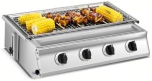 "Savor the flavor with this premium 4-burner tabletop gas grill featuring a steel surface and multifunctional design for outdoor grilling, perfect for professionals and eco-conscious enthusiasts. Upgrade your BBQ game today!"