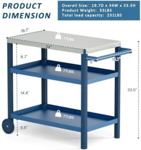 Perfect your outdoor gatherings with the Torva Outdoor Prep Rilling Grill Cart, featuring a scratch-resistant tabletop and durable HDPE material. Store grilling essentials in its 3-tier design, perfect for camping trips or backyard BBQs. Navy Blue+Blue finish adds style to any setup.
